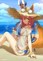 Rule 34 | 10s, 1girl, absurdres, animal ears, arm support, bangle, beach, beach umbrella, bikini, bikini under clothes, blouse, blue bikini, blue ribbon, blurry, blush, bracelet, breasts, cleavage, closed umbrella, cloud, cowboy shot, day, depth of field, drink, ears through headwear, fate/extra, fate/grand order, fate (series), fox ears, fox girl, fox tail, hair ornament, hair ribbon, hat, highres, innertube, jewelry, lens flare, long hair, looking at viewer, looking back, low ponytail, makise minami, medium breasts, ocean, one eye closed, open mouth, outdoors, palm tree, pink hair, ponytail, red hair, ribbon, see-through, shirt, short sleeves, side-tie bikini bottom, sideboob, sitting, sky, smile, solo, sparkle, straw hat, sun hat, swim ring, swimsuit, t-shirt, tail, tamamo (fate), tamamo no mae (fate/extra), tamamo no mae (swimsuit lancer) (fate), tamamo no mae (swimsuit lancer) (second ascension) (fate), tree, tress ribbon, umbrella, wet, wet clothes, wet hair, wet shirt, white shirt, yellow eyes