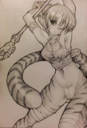 Rule 34 | 1girl, animal ears, armlet, armpits, arms up, bandages, bottomless, breasts, breath of fire, breath of fire ii, capcom, cat ears, cat tail, cleavage, cowboy shot, fur, highres, inoe, monochrome, one eye closed, pussy, rinpoo chuan, solo, staff, tail, traditional media
