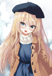Rule 34 | 1girl, absurdres, beret, bespectacled, black hat, blonde hair, blue dress, blue eyes, blush, brown coat, buttons, coat, dress, glasses, hat, highres, jervis (kancolle), kantai collection, long hair, long sleeves, open clothes, open coat, open mouth, solo, upper body, yamamori oyatsu