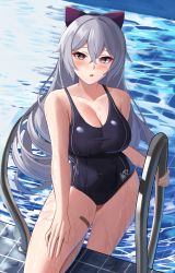 Rule 34 | 1girl, :o, absurdres, aircell, bandaid, blue one-piece swimsuit, blush, bow, breasts, bronya zaychik, bronya zaychik (silverwing: n-ex), cleavage, drill hair, grey eyes, grey hair, hair bow, highres, holding, honkai (series), honkai impact 3rd, long hair, looking at viewer, one-piece swimsuit, open mouth, pool, pool ladder, poolside, solo, swimsuit, twin drills, water, wet, wet clothes