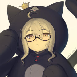 Rule 34 | 1girl, ahoge, animal costume, animal ears, artoria pendragon (fate), blonde hair, boa (brianoa), cat costume, cat ears, cat tail, crown, fate/grand order, fate (series), glasses, hair between eyes, highres, looking at viewer, mysterious heroine x alter (fate), sidelocks, solo, tail, yellow eyes