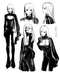 Rule 34 | 1girl, absurdres, artist name, breasts, cleavage, cleavage cutout, clothing cutout, commentary, english commentary, from behind, full body, gloves, greyscale, highres, hime cut, long hair, looking at viewer, looking to the side, monochrome, multiple views, original, pants, profile, standing, uqi32
