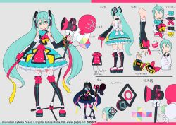 Rule 34 | &gt;:), 1girl, aqua hair, balloon, bow, character sheet, detached sleeves, from behind, full body, green eyes, grey background, hair ornament, hatsune miku, long hair, looking at viewer, magical mirai (vocaloid), magical mirai miku, magical mirai miku (2018), megaphone, microphone stand, mika pikazo, multiple views, official art, smile, standing, tattoo, thighhighs, twintails, v-shaped eyebrows, very long hair, vocaloid