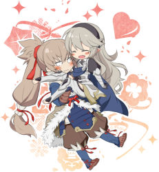 Rule 34 | 1boy, 1girl, armor, barefoot, blush, brown hair, cape, carrying, chibi, closed eyes, corrin (female) (fire emblem), corrin (fire emblem), couple, fire emblem, fire emblem fates, gloves, hair between eyes, hairband, happy, heart, hetero, long hair, nintendo, open mouth, pointy ears, ponytail, princess carry, remi (remipote), silver hair, smile, takumi (fire emblem)