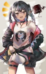 Rule 34 | 1girl, absurdres, arknights, bad id, bad pixiv id, black choker, black hair, black jacket, blush, choker, closure (arknights), commentary request, cowboy shot, hachiko (0088), hair between eyes, highres, jacket, lanyard, long hair, long sleeves, looking at viewer, open clothes, open jacket, open mouth, pointy ears, red eyes, shirt, smile, standing, teardrop, white shirt