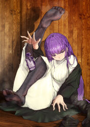 Rule 34 | 1girl, absurdres, bkhu, black coat, black pantyhose, bottle, breasts, closed mouth, coat, cut bangs, dated, dress, fern (sousou no frieren), highres, large breasts, leg up, long dress, looking down, pantyhose, pout, purple eyes, purple hair, signature, sitting, soles, solo, sousou no frieren, straight hair, toes, unworn footwear, white dress, wooden floor, wooden wall