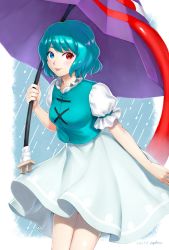 Rule 34 | 1girl, aqua hair, blue eyes, blush, collar, commentary, cowboy shot, dated, frilled collar, frilled sleeves, frills, highres, holding, holding umbrella, kageharu, looking at viewer, puffy short sleeves, puffy sleeves, red eyes, short sleeves, signature, skirt, solo, standing, tatara kogasa, thighs, tongue, tongue out, touhou, umbrella