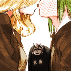 Rule 34 | 1boy, 2girls, black cape, black eyes, black hair, blonde hair, blush, cape, couple, green hair, hetero, highres, imminent kiss, long hair, looking at another, lyza (made in abyss), made in abyss, multicolored hair, multiple girls, out of frame, ozen, short hair, sketch, torka, two-tone hair, white hair