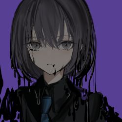 Rule 34 | 1girl, black shirt, blue necktie, bob cut, closed mouth, collared shirt, grey eyes, grey hair, highres, looking at viewer, narue, necktie, original, purple background, shirt, simple background, slime (substance), solo, wing collar