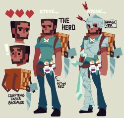 Rule 34 | !, 1boy, armor, backpack, bag, beard, belt, breastplate, brown hair, character sheet, crafting table (minecraft), english text, facial hair, hammer, heart, highres, looking to the side, minecraft, no mouth, potion, saw, solo, steve (minecraft), sword, the noodle (onebadnoodle), weapon