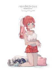 Rule 34 | 1girl, :o, alternate hairstyle, bag, bare shoulders, blue eyes, blush, full body, highres, kneeling, lace-trimmed shorts, lace trim, long hair, looking at viewer, original, pillow, pink hair, pink shorts, ponytail, shorts, sidelocks, solo, tank top, uni (melm)