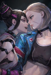 Rule 34 | 2girls, blonde hair, blue eyes, blue jacket, cammy white, crop top, eye contact, facial scar, hair horns, han juri, highres, jacket, looking at another, miche, multicolored hair, multiple girls, open mouth, pendant choker, purple hair, scar, scar on cheek, scar on face, smile, streaked hair, street fighter, street fighter 6, upper body