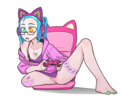 Rule 34 | 1girl, amputee, animal ear headphones, animal ears, barefoot, black-framed eyewear, blue hair, bottomless, camisole, cat ear headphones, chair, chest tattoo, cleft of venus, collarbone, commentary, controller, drooling, english commentary, fake animal ears, flat chest, full body, game controller, glasses, green eyes, green nails, gremmo (the pink pirate), headphones, heterochromia, holding, holding controller, holding game controller, hood, hoodie, leaning forward, leg tattoo, mole, mole under eye, nail polish, nipple slip, nipples, no bra, no panties, off shoulder, on floor, orange eyes, original, pink hoodie, pink tattoo, playing games, purple camisole, pussy, sharp teeth, short hair, short twintails, solo, spaghetti strap, symbol-shaped pupils, tattoo, teeth, the pink pirate, toenail polish, toenails, twintails, uncensored, upper teeth only, wireless game controller