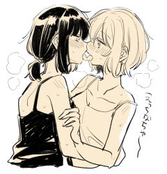 Rule 34 | 2girls, alternate hairstyle, aoba moca, bang dream!, camisole, eye contact, french kiss, hand on another&#039;s arm, highres, kiss, looking at another, mitake ran, monochrome, multiple girls, short hair, short ponytail, sketch, strap slip, sweat, tongue, tongue out, upper body, yuri, zawameki