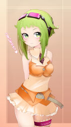 Rule 34 | 1girl, absurdres, arms behind back, behind-the-head headphones, belt, blush, bridal garter, commentary, cowboy shot, goggles, goggles on head, green eyes, green hair, gumi, headphones, highres, kogaara, looking to the side, navel, necktie, see-through, short hair with long locks, skirt, solo, translation request, vest, vocaloid