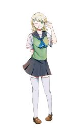 Rule 34 | 1girl, arm behind back, black skirt, blonde hair, blush, braid, brown footwear, flower, full body, green eyes, green sweater vest, hair flower, hair ornament, hand up, highres, one eye closed, school uniform, short sleeves, skirt, solo, standing, suna yaro, sweater vest, thighhighs, tongue, tongue out, twin braids, white thighhighs