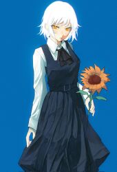 Rule 34 | 1girl, blue background, chainsaw man, dress, fami (chainsaw man), flower, fourth east high school uniform, highres, holding, holding flower, looking at viewer, mole, mole under eye, mole under mouth, multiple moles, niroxin, parted lips, pinafore dress, ringed eyes, school uniform, short hair, simple background, sleeveless, sleeveless dress, solo, sunflower, white hair, yellow eyes