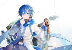 Rule 34 | &gt;:), 1boy, belt, black shirt, blue eyes, blue hair, blue nails, clenched hand, closed mouth, coat, denim, guitar, hair between eyes, headphones, headphones removed, headset, holding, holding microphone, instrument, jeans, kaito (vocaloid), kaito (vocaloid3), linch, long sleeves, looking at viewer, male focus, microphone, microphone stand, nail polish, pants, shirt, smile, solo, turtleneck, undershirt, upper body, vocaloid, white background, white coat, wire, zipper