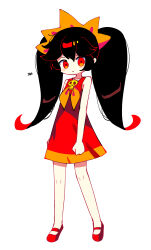 Rule 34 | 1girl, absurdres, arms at sides, ascot, ashley (warioware), bare arms, black hair, blush stickers, clenched hand, closed mouth, dress, full body, headdress, highres, looking at viewer, mary janes, nintendo, offbeat, orange eyes, red dress, red footwear, shoes, simple background, skull ornament, sleeveless, sleeveless dress, solo, standing, warioware, white background, yellow ascot