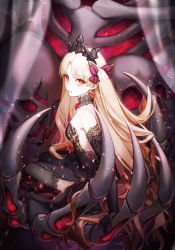 1girl bare_shoulders black_dress blonde_hair blush bow breasts dress earrings ereshkigal_(fate) fate/grand_order fate_(series) ghost hair_bow highres jewelry long_hair medium_breasts parted_bangs red_bow red_eyes siya_ho skeleton tiara two_side_up