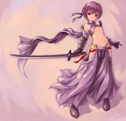 Rule 34 | 1girl, armor, avast, bad id, bad pixiv id, bare shoulders, blue eyes, breasts, closed mouth, female focus, full body, hakama, holding, holding sword, holding weapon, japanese clothes, katana, midriff, navel, purple eyes, purple hair, revealing clothes, short hair, sideways glance, small breasts, solo, standing, sword, underboob, weapon