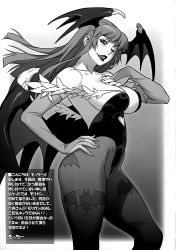 Rule 34 | 1girl, animal print, bare shoulders, bat print, bat wings, breasts, bridal gauntlets, cleavage, demon girl, feathers, greyscale, hand on own chest, hand on own hip, head wings, highleg, highleg leotard, highres, huge breasts, kawakami rokkaku, leotard, long hair, looking at viewer, monochrome, morrigan aensland, motchie, non-web source, one eye closed, open mouth, pantyhose, print pantyhose, resized, sidelocks, smile, solo, translation request, vampire (game), very long hair, wings