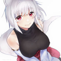 Rule 34 | 1girl, albino, animal ears, bare shoulders, black shirt, blush, breasts, closed mouth, covered erect nipples, detached sleeves, japanese clothes, konno shimako, large breasts, looking at viewer, original, red eyes, shirt, short hair, simple background, sleeveless, sleeveless shirt, solo, tail, white background, white hair