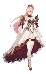 Rule 34 | 1girl, arm ribbon, armor, breasts, bullet, cleavage, closed mouth, crown, dress, female focus, full body, hair between eyes, highres, lace, long hair, looking at viewer, multicolored hair, off shoulder, official art, pauldrons, pink hair, ponytail, purple eyes, ribbon, serious, shionne (tales), shoulder armor, sidelocks, solo, standing, tales of (series), tales of arise, thigh strap, thighhighs, transparent background, very long hair, white thighhighs