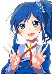 Rule 34 | 10s, 1girl, :d, aikatsu!, aikatsu! (series), blue eyes, blue hair, blush, clearite, double v, kiriya aoi, looking at viewer, matching hair/eyes, open mouth, short hair, side ponytail, simple background, smile, solo, upper body, v, white background