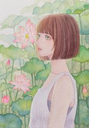 Rule 34 | 1girl, bob cut, brown hair, day, flower, green eyes, highres, k.nishiyama, lipstick, looking to the side, makeup, outdoors, painting (medium), parted lips, shirt, short hair, sleeveless, traditional media, upper body, watercolor (medium), white shirt