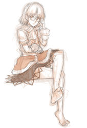 Rule 34 | 1girl, adjusting eyewear, arm warmers, barefoot, bespectacled, feet, glasses, highres, kuro suto sukii, crossed legs, limited palette, looking at viewer, mizuhashi parsee, pointy ears, sash, scarf, shirt, sitting, skirt, smile, soles, solo, toes, touhou