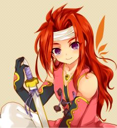 Rule 34 | 00s, 1boy, coat, gloves, headband, long hair, male focus, purple eyes, red hair, scabbard, sepia background, sheath, shougo kota, sitting, smile, solo, tales of (series), tales of symphonia, zelos wilder