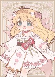 Rule 34 | 1girl, :d, alternate costume, aqua eyes, black sash, blonde hair, bow, choker, cowboy shot, detached sleeves, dress, fairy wings, floral print, flower, hair flower, hair ornament, headdress, highres, japanese clothes, lily white, long hair, looking at viewer, open mouth, pink flower, pink wings, red bow, red neckwear, sakurasaka, sash, smile, solo, standing, touhou, white dress, wide sleeves, wings