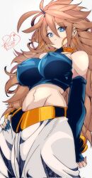 Rule 34 | 1girl, android, android 21, arc system works, bandeau, bare shoulders, blue eyes, blue nail polish, blue nails, bracelet, breasts, brown hair, closed mouth, covered erect nipples, detached sleeves, dragon ball, dragon ball fighterz, ear piercing, earrings, elbow gloves, female focus, gloves, gold bracelet, hair between eyes, hand on own hip, harem pants, highres, hoop earrings, jewelry, kinakomochi (user vedc2333), large breasts, long hair, looking at viewer, midriff, nail polish, navel, pants, piercing, signature, solo, standing, very long hair, white background, white pants