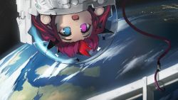 Rule 34 | 1girl, astronaut, blue eyes, cable, chibi, cloud, commentary, earth (planet), english commentary, harness, helmet, heterochromia, highres, hololive, hololive english, horns, irys (hololive), long hair, multicolored hair, multiple girls, open mouth, paintrfiend, planet, purple eyes, purple hair, red hair, solo, space, spacesuit, star (sky), very long hair, virtual youtuber