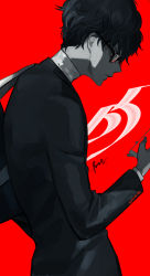 Rule 34 | 1boy, amamiya ren, bag, black hair, black jacket, btmr game, cellphone, closed mouth, copyright name, glasses, holding, holding phone, jacket, long sleeves, male focus, persona, persona 5, phone, red background, school bag, school uniform, shuujin academy school uniform, signature, simple background, smartphone, solo, upper body