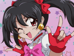 Rule 34 | 1990s (style), 1girl, ;d, \m/, black hair, blush, bokura wa ima no naka de, bow, choker, commentary request, double \m/, earrings, fingerless gloves, gloves, hair bow, highres, jewelry, looking at viewer, love live!, love live! school idol project, nico nico nii, one eye closed, open mouth, parody, red eyes, retro artstyle, shijimi727, smile, solo, style parody, twintails, yazawa nico
