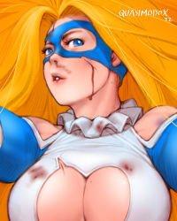 Rule 34 | 1girl, absurdres, after battle, alt text, big hair, blonde hair, blood, blood on clothes, blue eyes, breasts, bruise, capcom, center opening, cleavage, clothing cutout, cuts, eyelashes, hair down, highres, injury, large breasts, lips, long hair, looking at viewer, messy hair, mole, mole on breast, muscular, muscular female, nose, nosebleed, portrait, quasimodox, rainbow mika, selfie, shoulder cutout, solo, street fighter, street fighter v, torn clothes, wrestling mask, wrestling outfit