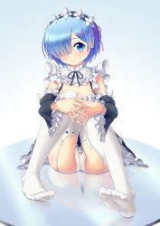 Rule 34 | 1girl, ass, blue eyes, blue hair, blush, breasts, cleavage, commentary request, detached sleeves, dress, feet, flower, full body, garter straps, hair flower, hair ornament, hair over one eye, hair ribbon, hairclip, highres, knees together feet apart, knees up, looking at viewer, maid, maid headdress, medium breasts, no shoes, ossannoa, panties, pink ribbon, re:zero kara hajimeru isekai seikatsu, reflection, rem (re:zero), ribbon, roswaal mansion maid uniform, short hair, sitting, smile, solo, thighhighs, thighs, underwear, white panties, white thighhighs, wide sleeves, x hair ornament