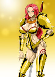 Rule 34 | 1girl, abs, armor, baccarat (one piece), blush, breasts, cleavage, earrings, gradient background, green eyes, hand on own hip, highres, jewelry, large breasts, legs, long hair, nel-zel formula, one piece, one piece film: gold, red hair, shiny skin, simple background, smile, solo, standing, sword, tattoo, thighs, thong, weapon
