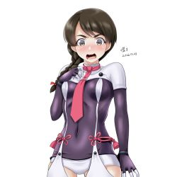 Rule 34 | 1girl, adapted costume, blush, bodysuit, braid, breasts, brown eyes, brown hair, cosplay, covered navel, hair over shoulder, kantai collection, long hair, murakumo (kancolle), murakumo (kancolle) (cosplay), murakumo kai ni (kancolle), murakumo kai ni (kancolle) (cosplay), necktie, nose blush, open mouth, red necktie, single braid, small breasts, solo, tk8d32, uranami (kancolle)