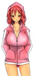 Rule 34 | 1girl, alternate costume, blush, breasts, buruma, cleavage, collarbone, contemporary, hair bobbles, hair ornament, han (jackpot), hands in pockets, hood, hooded track jacket, jacket, large breasts, lips, naughty face, no shirt, onozuka komachi, red eyes, red hair, simple background, smile, solo, thighs, touhou, track jacket, white background, zipper