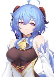 Rule 34 | 1girl, absurdres, ahoge, armpit crease, bare shoulders, bell, blue hair, brown leotard, cowbell, detached collar, detached sleeves, ganyu (genshin impact), genshin impact, goat horns, gold trim, highres, horns, kuki panda (wkdwnsgk13), leotard, long hair, long sleeves, looking at viewer, low ponytail, parted lips, pink eyes, simple background, solo, upper body, white background