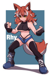 Rule 34 | &gt;:), 1girl, amazu (kurozu), animal ear fluff, animal ears, bare shoulders, black gloves, black thighhighs, blue background, blue footwear, blue shorts, boots, breasts, clenched hands, closed mouth, commentary, commission, covered collarbone, crop top, cross-laced footwear, english commentary, fingerless gloves, fox ears, fox girl, fox tail, full body, gloves, grey hair, highres, lace-up boots, large breasts, long hair, medium breasts, multicolored hair, navel, open clothes, open fly, open shorts, orange hair, original, shadow, short shorts, shorts, smile, solo, standing, streaked hair, tail, thighhighs, thighhighs under boots, two-tone background, underboob, v-shaped eyebrows, white background, yellow eyes
