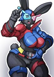 Rule 34 | 1girl, artist request, blue hair, rabbit, furry, furry female, highres, kamen rider, kamen rider build, multicolored hair, pussy, red hair, solo, two-tone hair, uncensored