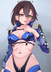 Rule 34 | 1girl, absurdres, artist name, azur lane, baltimore (azur lane), baltimore (finish line flagbearer) (azur lane), bikini, breasts, brown hair, commentary, devstar, grey background, grey eyes, groin, hair between eyes, highres, large breasts, looking at viewer, navel, red lips, short hair, shrug (clothing), solo, stomach, swimsuit, upper body