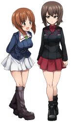 Rule 34 | 10s, 2girls, ankle boots, arms behind back, ashiwara yuu, black footwear, black jacket, black legwear, blue jacket, boots, brown eyes, brown hair, dress shirt, full body, girls und panzer, green shirt, hat, highres, jacket, leaning forward, long sleeves, looking at another, military, military uniform, miniskirt, multiple girls, nishizumi maho, nishizumi miho, official style, open mouth, parted lips, pleated skirt, red shirt, red skirt, shirt, short hair, siblings, simple background, sisters, skirt, smile, socks, standing, uniform, white background, white skirt