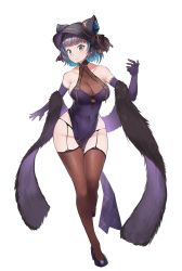 Rule 34 | 1girl, azur lane, bad id, bad twitter id, bare shoulders, black hair, blue eyes, blue hair, breasts, brown thighhighs, cheshire (azur lane), cheshire (cait sith crooner) (azur lane), cleavage, dress, garter belt, gloves, high heels, large breasts, leg up, looking at viewer, navel, official alternate costume, purple dress, purple gloves, see-through, see-through cleavage, see-through dress, short hair, smile, solo, standing, thighhighs, thighs, white background, yuzuruka (bougainvillea)