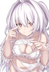 Rule 34 | 1girl, ahoge, bare shoulders, bikini, breasts, cleavage, fate/grand order, fate (series), frilled bikini, frills, lady avalon (fate), lady avalon (second ascension) (fate), large breasts, long hair, looking at viewer, merlin (fate/prototype), navel, purple eyes, shiseki hirame, smile, solo, swimsuit, very long hair, white bikini, white hair