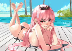 Rule 34 | 1girl, areola slip, ass, barefoot, bikini, black bikini, breasts, elbow rest, feet, grin, hololive, hololive english, large breasts, long hair, looking at viewer, lying, mori calliope, on stomach, pink hair, red eyes, smile, soles, solo, swimsuit, sydus, the pose, tiara, untied bikini, virtual youtuber